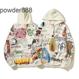 23ss American High Street Trendy Brand Our Lady Hand-painted Graffiti with Old Craftsmanship Hooded Sweater for Men and Women Loose Coat U0TJ