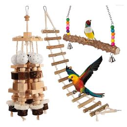 Other Bird Supplies YO-Bird Parrot Toys 3PCS Wood Block Chewing With Ladder Swing Stand For Cockatoos Birds Cage Toy Accessories