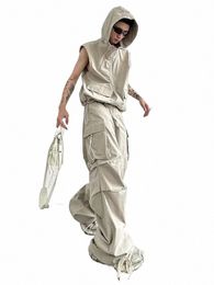 Houzhou Cargo Pants Sets Vest con cappuccio estivo 2 pezzi Outfit Abito giapponese con maniche Maschile coreano Streetwear Hip Hop Plus Size 5XL 79uS #