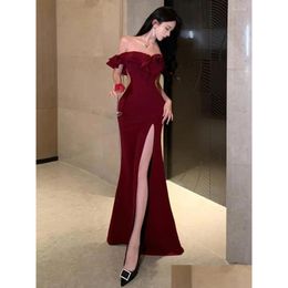 Basic Casual Dresses Red Y Club Backless High Split Ruffles Wrapped Hip Dress Elegant Luxury Off Shoder Party Evening Women 2024 Summe Otntj