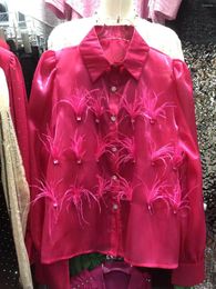 Women's Blouses Two Piece Set Luxury Exquisite Feather Tassel Diamond Buttons Up Shirts And For Women 2024 Spring Summer Tops Blusas