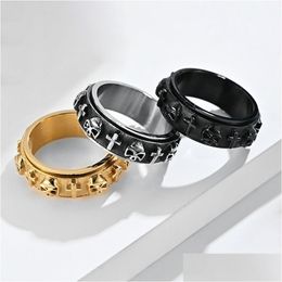 Band Rings Retro 3D Skl Cross Rotatable Stainless Steel Decompress Ring For Men Goth Jewellery Drop Delivery Ot1J5