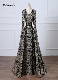 Glitter Black Sequined Evening Dress Removable Train Long Prom Dress Saudi Arabia Formal Gown Muslim Prom Dress8485355