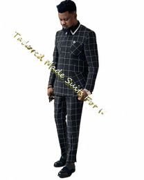 men's Plaid Suit Black Blazers Sets 2 Pieces Wedding Dres For Groom Ternos Dr Party Evening Elegant Luxury Celebrity Wear K3k8#