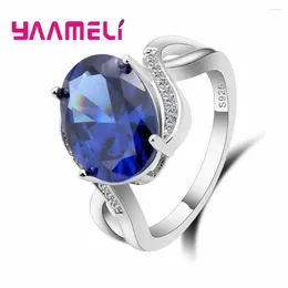 Cluster Rings Oval Shape High-End Blue Zircons Setting 925 Sterling Silver For Women Wedding Costume Bague Stylish Jewelry