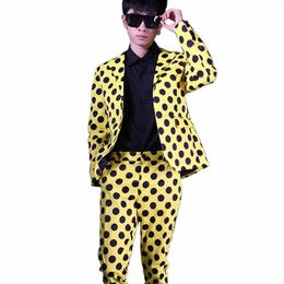 korean Style Men's Suit Yellow Black White Dot Loose Blazer Pants Set Punk Hip Hop Stage Suits Singer Host Nightclub DS Costume G1Sx#