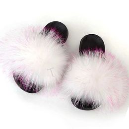 Slippers Slippers Summer womens fur slider fluffy raccoon fox outer flat flip cover rainbow H240326B9NI