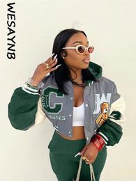 Print Baseball Outfits Buttons Jackets For Women Crop Top Hoodie Coats Varsity Bomber Long Sleeve 240319