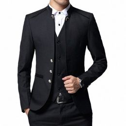 single Breasted Stand Up Collar Suit 3 Piece Set Men's Wedding Party Dr Suits Plus Size Blazer Coat Pants Vest Black Blue Red q9nl#