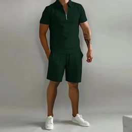 Summer casual mens two-piece short sleeved zippered polo shirt and shorts set mens Hawaii solid Colour two-piece set 240326