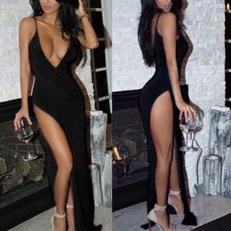 Casual Dresses Deep Plunge Dress Clubwear Sexy Open Chest High Thigh Split Spaghetti Strap Sukienka Low Cut Bare Back Maxi Party