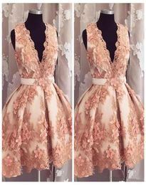 2019 Sexy Deep VNeck ALine short Homecoming Dresses With 3D Flowers Adorned mini Formal Graduations Party Gowns Custom Vestidos 5256560