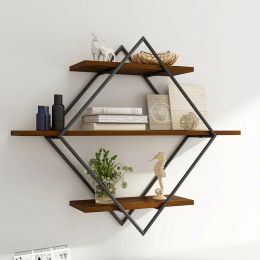 Racks 3 Tier Industrial Geometry Wood Floating Shelf Heavy Duty Hanging Wall Mounted Unit