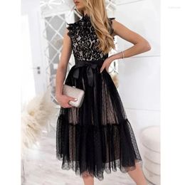 Casual Dresses 2024 Women Party Dress Lace Ruffled Mesh Tutu Round Neck Cotton Midi Length Evening Celebrity