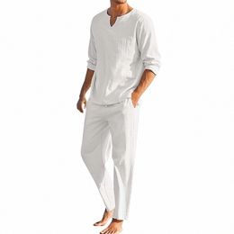 summer 2Pcs/set Men's Cott Linen Blend Sets Lg Sleeve V-neck T Shirts Pants Set Casual Men Beach Clothes Set C6kN#