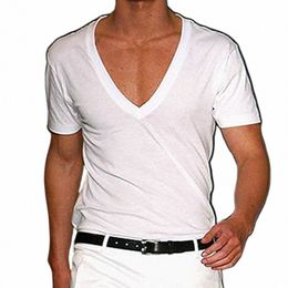 summer New Top Men's Short Sleeve V Neck Slim Solid Colour Casual T-Shirt Sheer Top Elegant Fi Streetwear Thin Tees c3MR#