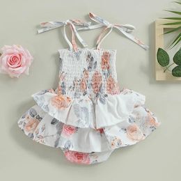 Rompers Baby Girl Summer Lace Elastic Printed Romper Dress Casual Sweet Sleeveless Shoulder Square Neck Floral Print Jumpsuit