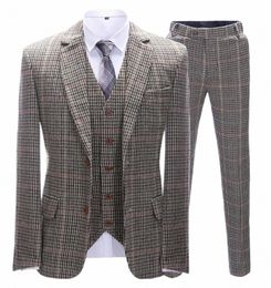 men's Tweed Wedding Suits 3 Pieces Houndstooth Dogstooth Wool Tuxedos Formal Notch Lapel Prom Suits Winter Coat for Men t4fY#