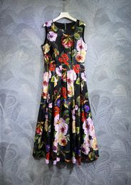 2023 Autumn Floral Print Dress Black Sleeveless Round Neck Midi Casual Dresses T3M182253