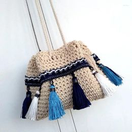 Evening Bags Cotton Rope Hand Woven Women's Bag Retro Style Drawstring Tassel Crossbody Shoulder Beach Vacation