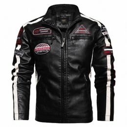 autumn Winter Fleece Men's Motorcycle Leather Jacket Embroidery Racing Coat Windbreaker Outwear Faux Leather Biker Jacket o0tc#