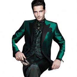 2023 Latest Design Italian Green Men Suits Satin Slim Fit Formal Groom Prom Dr Tuxedos Male 3 Pieces Set Jacket+Pants+Vest M89S#
