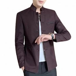 fi Brand Men Stand-up Collar Suit Jacket Black / Navy Blue / Wine Red Simple Chinese Style Busin Casual Blazer Homme 64RI#