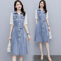 Party Dresses Elegant Women Denim Dress Summer Patchwork Short Sleeve Turn Down Collar Mid-Length A-Line Large Size Lady Shirt