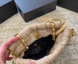 Women Luxury Designer Straw Shoulder Bag Chain Pearl Belt Shopping Totes Fashion High Quality Purses And Handbags Handmade Large Garbage Bag Gold Hardware 266