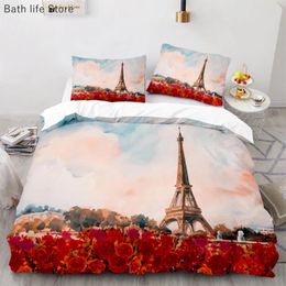 Bedding Sets Eiffel Tower Flowers Lover Couple Double Duvet Cover Set Modern French Style Paris Cityscape Comforter