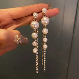 Earrings Long Dangle Earrings for Women Fashion Crystal Simulated Pearl Tassel Drop Earring Vintage Gold Color Brincos Jewelry 230831