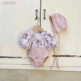 One-Pieces 2023 Korean Cute Baby Girls One Piece Floral Swimsuit Summer Infant Newborn Short Sleeve Beachwear Toddler Kids Bathing Suit 24327