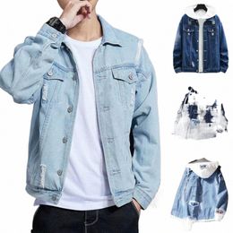 men Patchwork Denim Jacket Men's Hooded Spring Coat with Color Matching Single-breasted Design Ripped Patch Pocket Loose for Men Q5Zz#