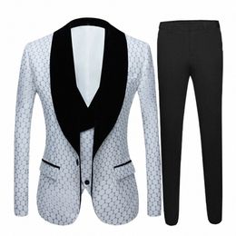 new 3 Pieces Men's Wedding Suit Three Pieces Dots Printed Slim Fit Notch Lapel Tuxedos Tailcoat Best Men Double Breasted Vest 91Rf#