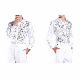 formal Casual Shirt Tops Lapel Lg Sleeve Shirt Men's Luxury Sequins Performance Shirt for Wedding Stage Formal Casual Events N75H#