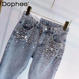 Women's Jeans European Fashion Heavy Industry Full Diamond Rhinestone Flash Denim Pants Blue 2024 Spring Summer