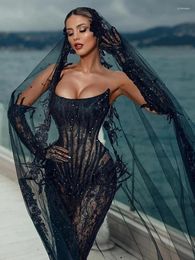 Casual Dresses Sexy Strapless Lace Black Maxi Long With Veil Women Gowns Midi Dress 2024 Elegant Party Evening Stage Performance Vestido