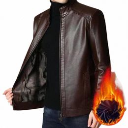 men Faux Leather Coat Mid-aged Men's Windproof Faux Leather Jacket with Plush Heat Retenti Stand Collar Motorcycle for Father R9PB#