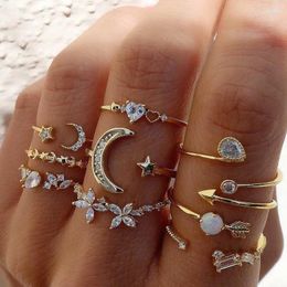 Cluster Rings VAGZEB 2024 Fashion Bohemian Heart Ring Set For Women Crystal Stars Moon Flower Love Geometric Finger Vintage Jewelry Gifts