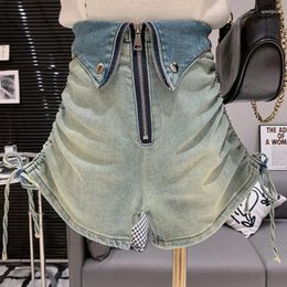 Women's Shorts Vintage Design Stand Up Collar Drawstring Pleats High Waist Girl Sexy And Fashionable Denim For Women