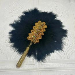 Decorative Figurines 1pcs African Handmade Hand Fan Ladies Turkey Feather HandFan For Wedding Party With Sequins Single Side Handle Dance