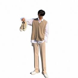 2023 Autumn Sweater Vest Suits Men's Elegant Casual Set Handsome New Lg Sleeve Shirt V-neck Vet Khaki Trousers 3pcs/2pcs Set T6FX#