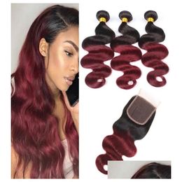 Human Hair Wefts With Closure Brazilian Virgin 1B99J Body Wave 3 Bundles 4X4 Lace 4 Pieceslot 1B 99J Drop Delivery Products Extensions Dhscr