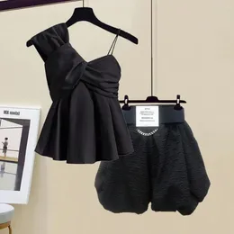 Women's Tracksuits Fashion Shorts Sets For Women Versatile Korean Elegant Single Shoulder Vest Top High Waist Loose Casual Wide Leg 2024