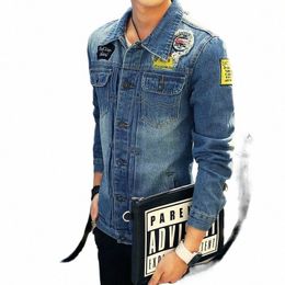 mens Jean Jacket Blue Persality Label Denim Jacket Spring and Autumn Korean Versi of The Slim Retro Jacket Streetwear r6Hh#