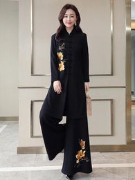 Women's Two Piece Pants Chinese Style Set Women Fashion National Embroidered Wide Leg Clothing Vintage 2024 Suit Conjuntos De Mujer