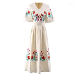 Party Dresses Luxury Embroidery Dress 2024 Spring Summer Fashion Style Women Colorful Floral Short Sleeve Mid-Calf White XXL