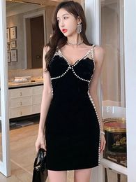 Casual Dresses Sweet Sexy Prom Dress Woman Black Velvet Pearl Strap Bodycon Mini Gown Birthday Evening Party Night Club Vestidos Mono Women