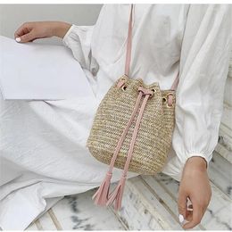 Shoulder Bags Drawstring Women's Straw Bucket Bag Summer Woven Shopping Purse Beach Handbag Travel Messenger Female