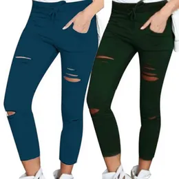 Women's Pants Women Solid Colour Drawstring High Waist Pencil Ripped Skinny Leggings